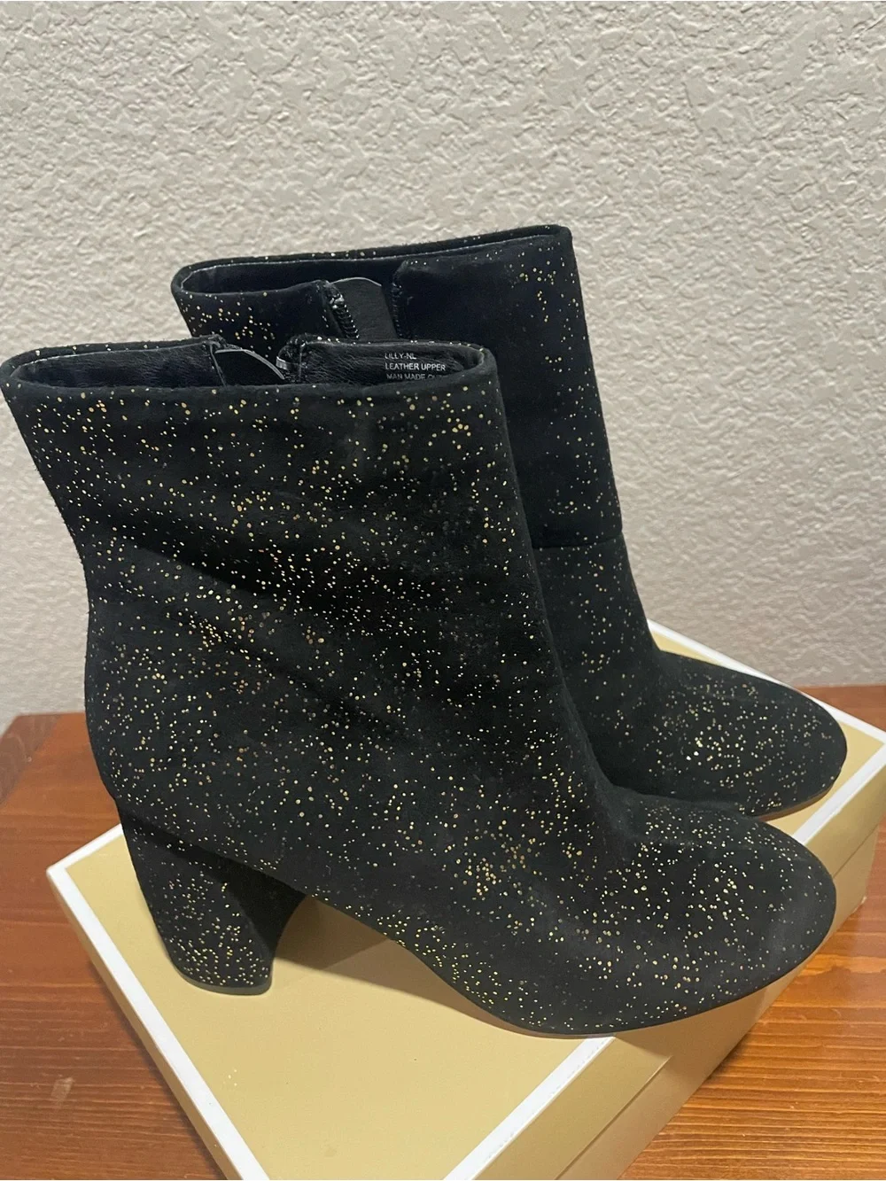 Nanette Baby Black Suede Ankle Boots with Gold Sparkle